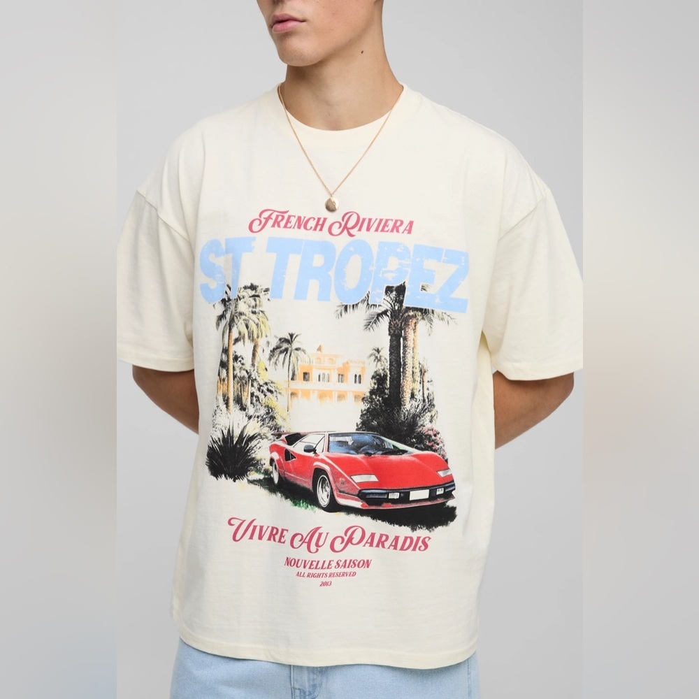 BoohooMAN Ecru Oversized French Riviera T-Shirt